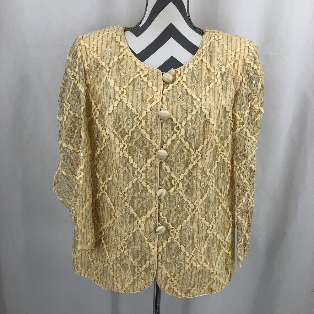 Nancy Neil Yellow Button Snap Front Long Sleeve Lace Sequin Lined Jacket 14 USA
